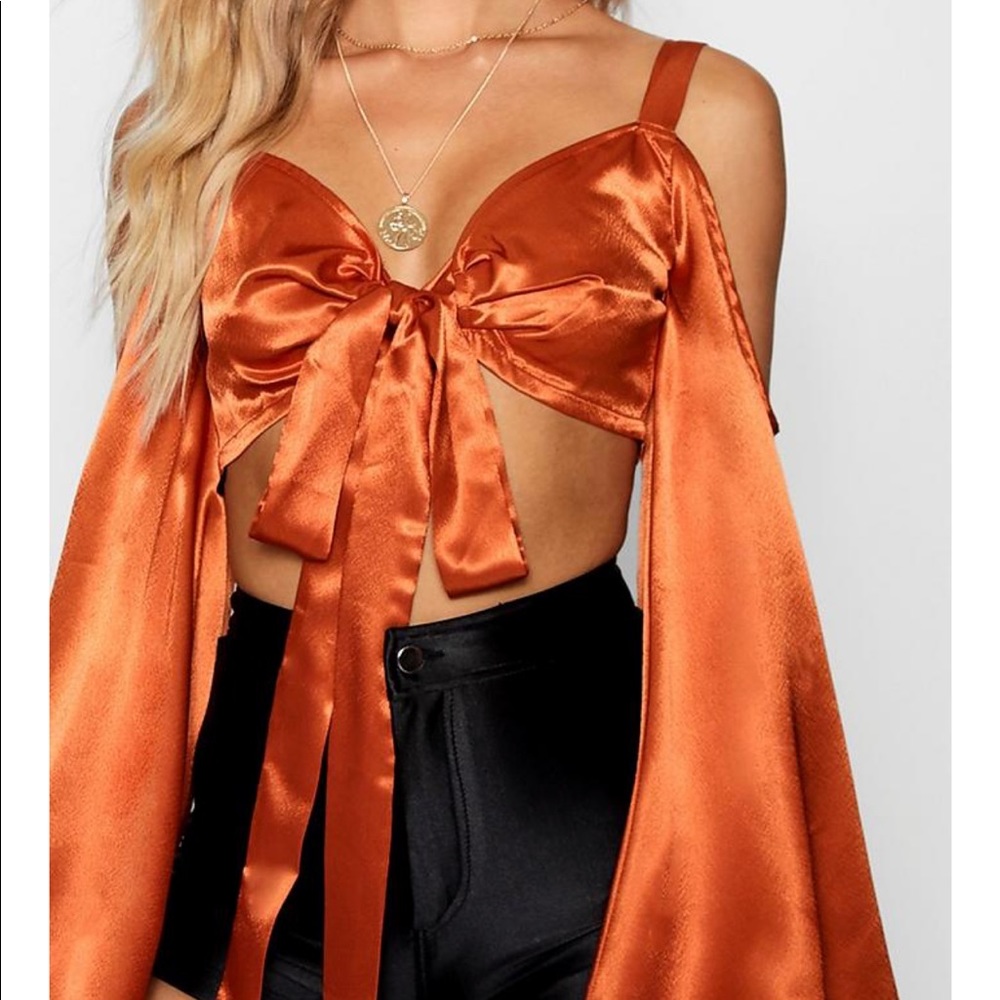 Piper Satin Cold Shoulder Flared Tie front Crop